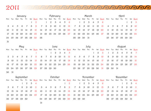 calendar of 2011 year with decorated font. Monday is first day