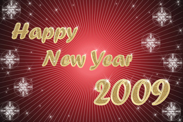 happy new year golden text on red background with stars
