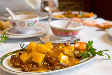 chinese duck orange style with sauce and decoration