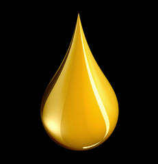 A tear shaped drop of gold on black with clipping path.
