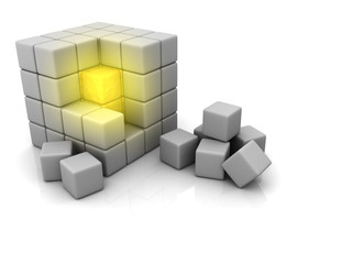Concept illustration of a golden center in a cube.