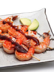 Plate of Shish Kebab from Shrimps Isolated on White Background