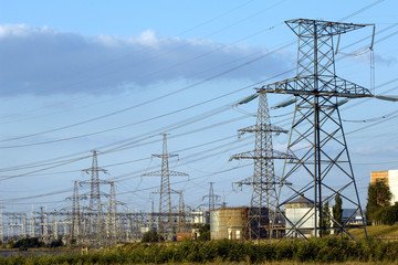 Electricity pylons at South Ukrainian nuclear power station