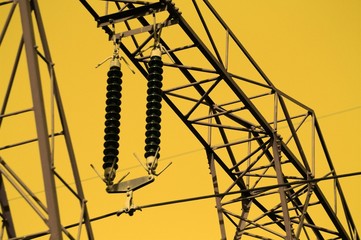 Electricity pillar with insulator and thick cable, high voltage
