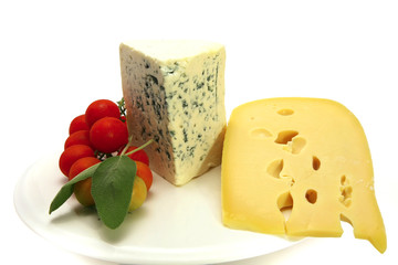 roquefort and swiss cheese triangles on white dish