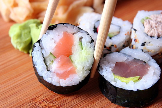 sushi and chopsticks close-up