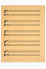 Key of A  blank music sheet on parchment paper. Isolated.