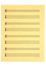 Blank Music Sheet for guitar  on parchment paper. Isolated.