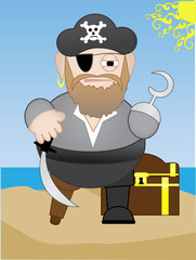 Fat Chubby short Pirate on beach with treasure chest