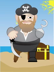 Stickers meubles Pirates Fat Chubby short Pirate sur la plage avec coffre au trésor