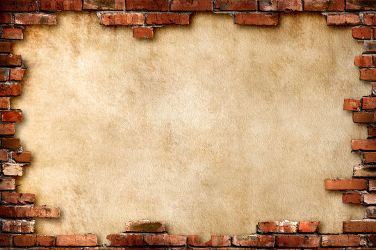 Fototapeta Parchment background in brick frame with clipping path