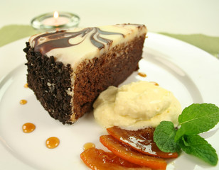 Rich chocolate cake with orange toffee and cream