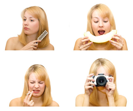 four pictures of one female with objects