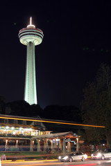 Skylon tower in Niagra Falls, Canada, lit up at night
