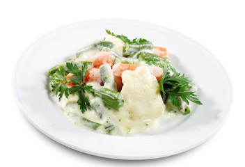 Vegetables Garnish with Béchamel Sauce Isolated on White