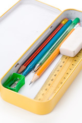 Metal pencil case with white background