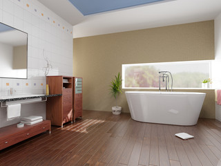 modern bathroom with a  tub (3D rendering)..