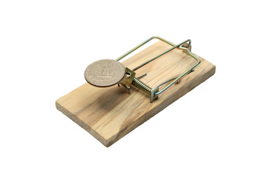 Coin like a bait lying in mousetrap on white background