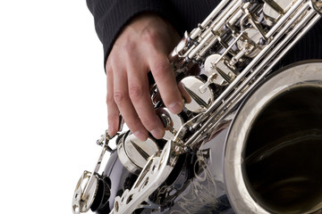 Musician playing a saxophone on white with copy space