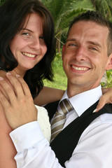 Happy bride and groom on their wedding day.