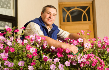 Senior man florist working in the garden