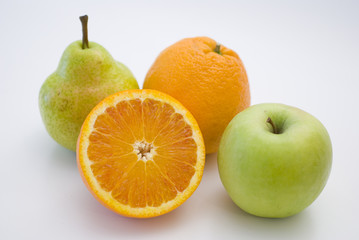 orange, apple and pear fresh fruit isolated on white