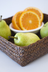orange, apple and pear fresh fruit isolated on white