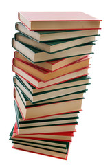 Tower of red and green books on a white background