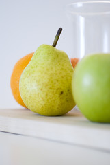 Pear and other fruits, close-up, fruit white background