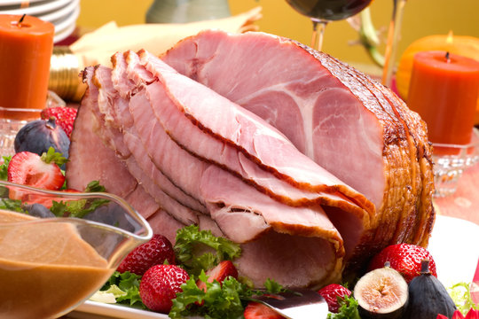 Holiday Table Setting With Delicious Whole Baked Sliced Ham