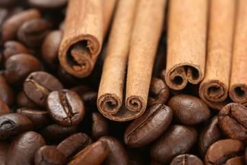 aromatic coffee - coffee beans and cinnamon sticks