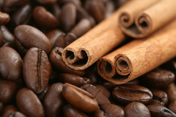aromatic coffee - coffee beans and cinnamon sticks