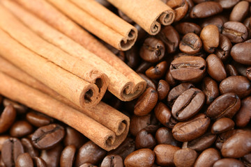 aromatic coffee - coffee beans and cinnamon sticks