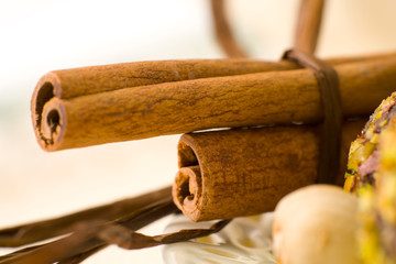 Cinnamon sticks decorated with ribbon