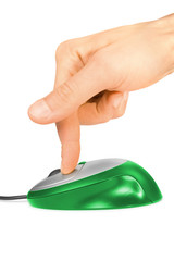green computer mouse and finger isolated on white