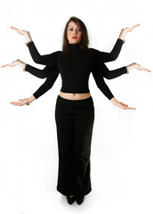 Mythical woman has six hands against the white background