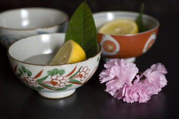 Asian herb tea on an old rustic cup
