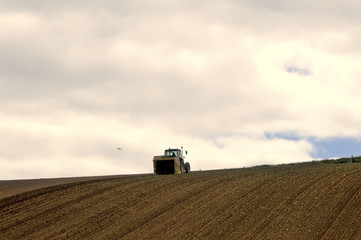 Fototapeta premium tractor seeding a fallow ploughed field