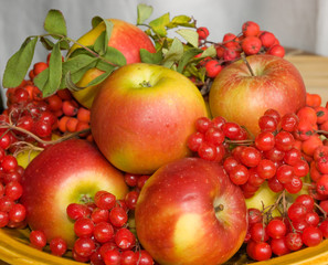 Naklejka na ściany i meble The image of a plate with autumn fruits