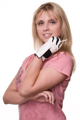 blond woman wearing golf glove