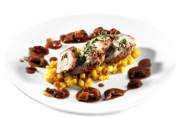 Pork Roll on Apple Chutney Served with Green and Mushroom Sauce