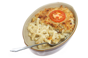 Baked macaroni cheese in a casserole dish