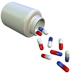 3D bottle with multicolored capsules on white background