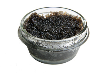 Fototapeta na wymiar Jar of black caviar isolated over white background