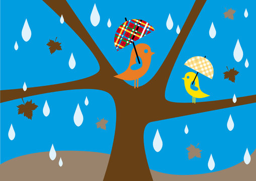 autumn rain, lovebirds sitting on tree in rainfall with umbrella © beaubelle