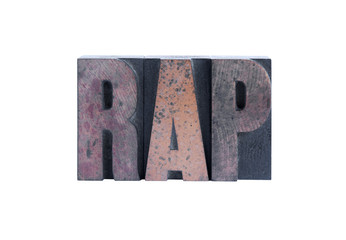 the word 'rap' in letterpress wood type