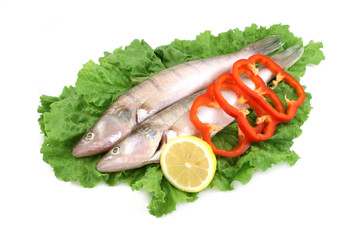 two fishes with vegetable isolated on white