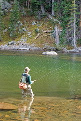 A man standing in water fly fishing in Colorado