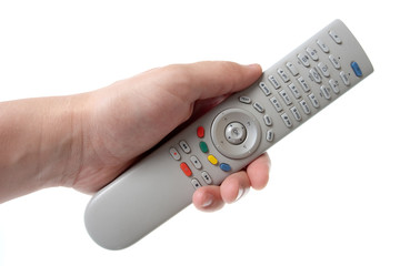 White Infrared remote control in hand on a white background