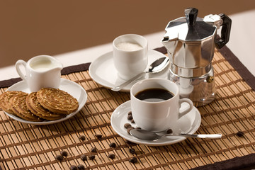 drink series: cup of coffee, hot espresso, milk and shortcake